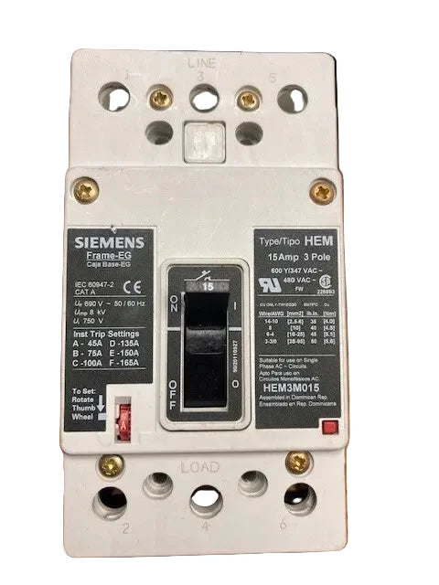 Siemens HEM3M015 3-Pole 15A Molded Case Circuit Breaker 65kA 480/600VAC MCP