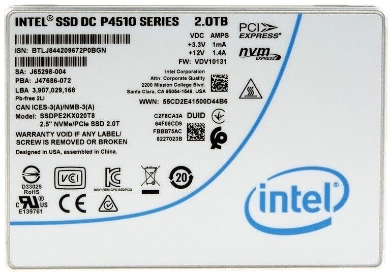 Intel P4510 SSDPE2KX020T8 2TB PCIe Gen 3.1 x4 4GB/s U.2 NVMe 2.5in Recertified Solid State Drive