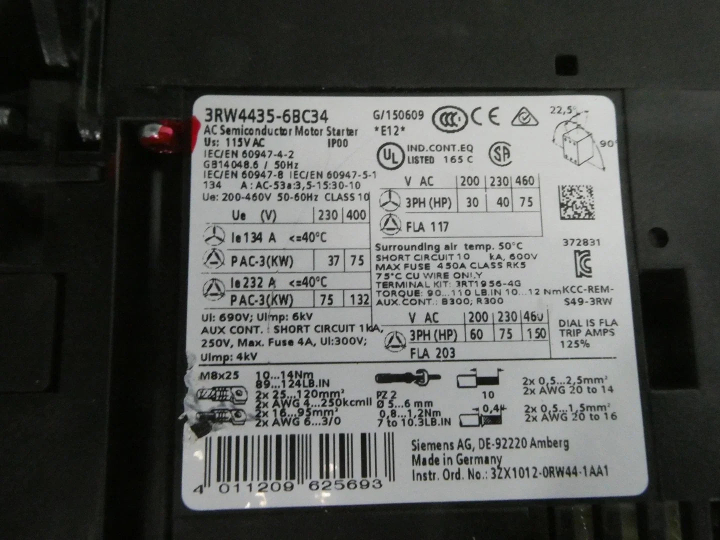 Siemens 3RW4435-6BC34 SIRIUS Soft Starter 200-460VAC 3-Phase 150HP 203A