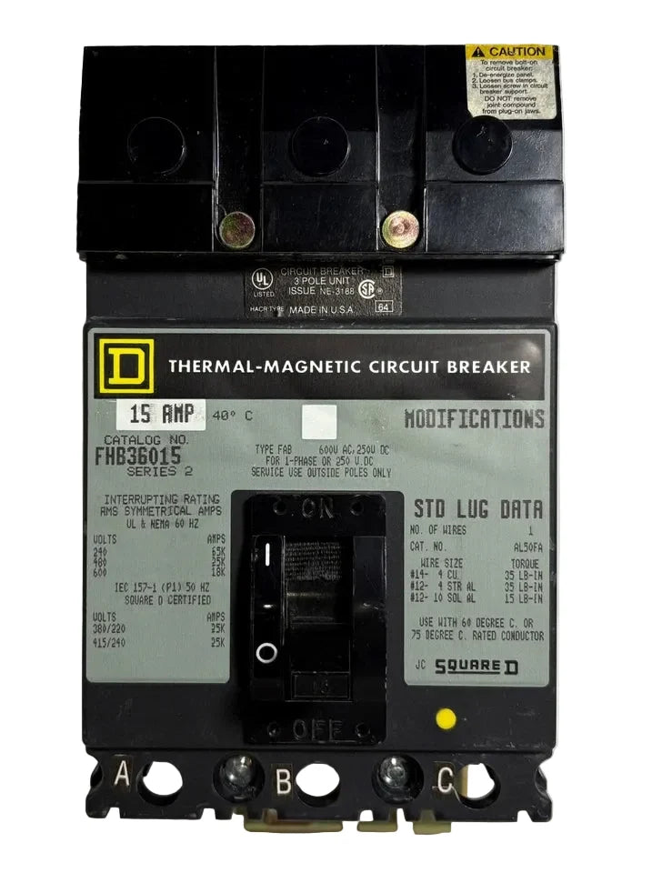 FHB36015 | Square D FH Series 15A 3-Pole 600V Molded Case Circuit Breaker