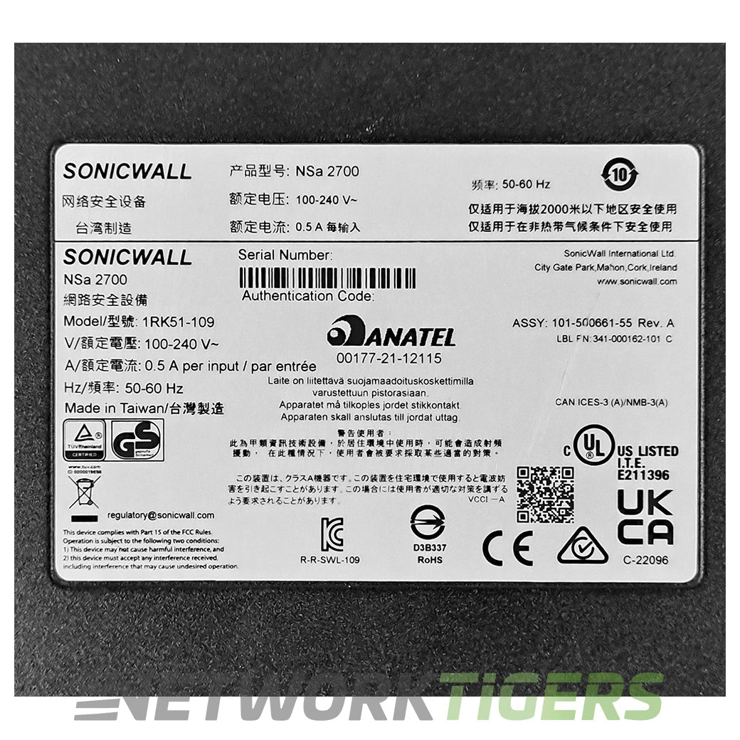 SonicWall 02-SSC-4324 NSA 2700 Series 5.2 Gbps Firewall - TRANSFER READY